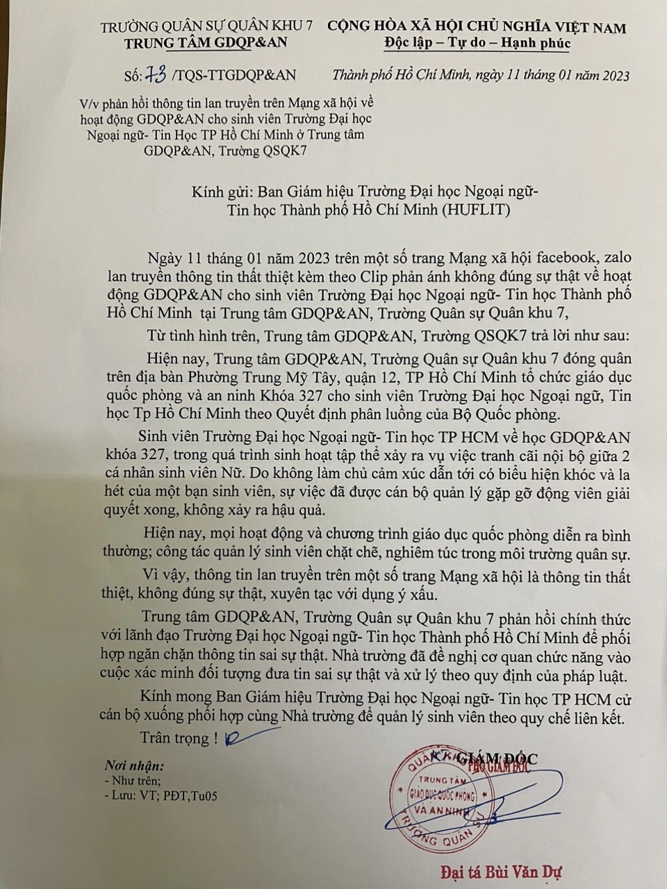 Công văn của Trường Quân sự Quân khu 7 về vụ việc.