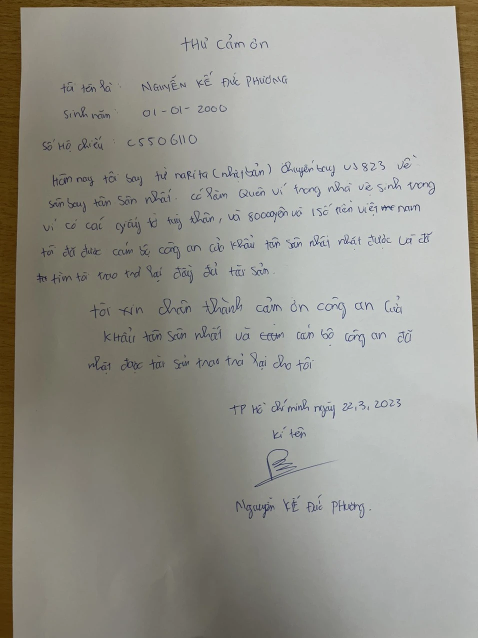 Anh Phương sau đó viết bức thư bày tỏ sự cảm kích, vui mừng khi nhận lại được tài sản tưởng chừng như đã mất. Ảnh: CA