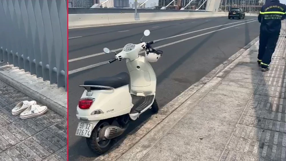 Cô gái để lại chiếc xe máy và đôi giày trên cầu. Ảnh: HT