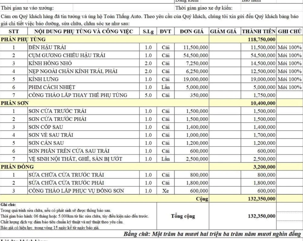 Chi phí sửa chữa chiếc xe mà chị K phải bỏ ra. Ảnh: NVCC