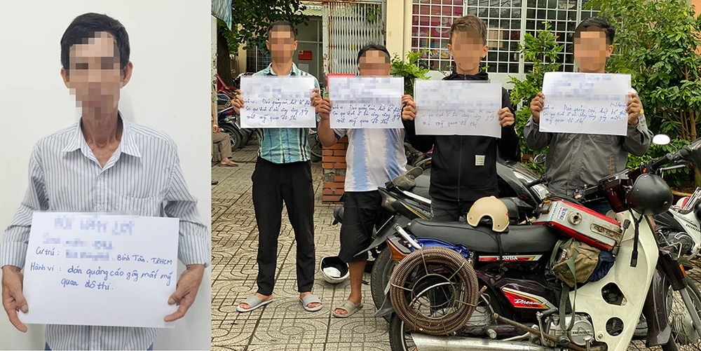 Công an lần ra nhóm người chuyên đi dán quảng cáo qua các số điện thoại trên cột điện, tường nhà dân. Ảnh: CA