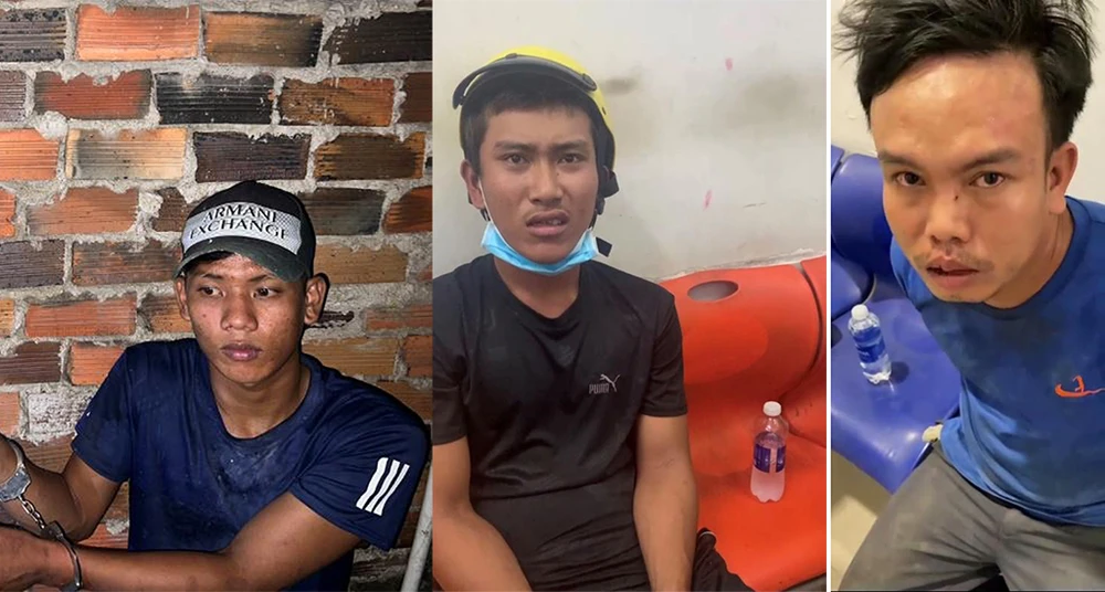 Phong, Hải và Mảnh (từ trái qua) tại cơ quan điều tra. Ảnh: CA