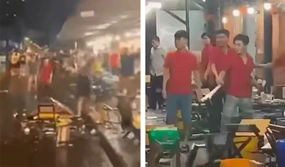 Hai nhóm thanh niên hỗn chiến ở quán ốc khiến các thực khách hốt hoảng. Ảnh cắt từ clip