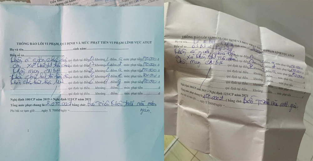 Một tờ giấy với nội dung không rõ ràng Trung úy Đại đưa cho người vi phạm sau khi nhận tiền với lý do đi kho bạc đóng giúp. Ảnh: NY-NT