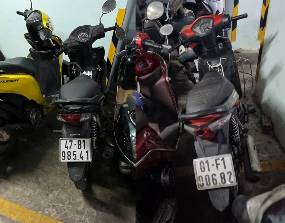Các xe máy mà cả ba trộm và bán cho Hải được đem gửi ở hầm chung cư. Ảnh: CA