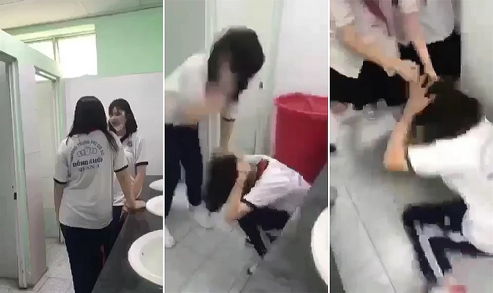 Nữ sinh TM bị túm tóc và đánh nhiều lần vào đầu. Ảnh cắt từ clip.