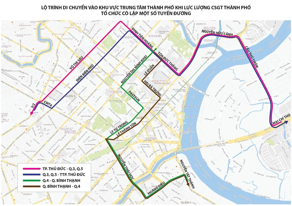 Bản đồ hướng dẫn các tuyến đường thay thế khi cô lập cho người dân đi bộ xem pháo hoa. Ảnh: PC08