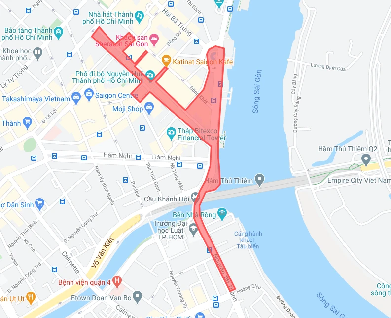 Bản đồ khu vực Trung tâm TP cấm các phương tiện lưu thông để phục vụ chương trình pháo hoa nghệ thuật từ 17 giờ đến 23 giờ ngày 2-9.