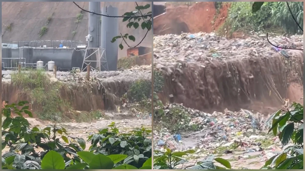 Vỡ bờ bao ô chứa rác ở Quảng Ngãi, rác thải tràn ra ngoài