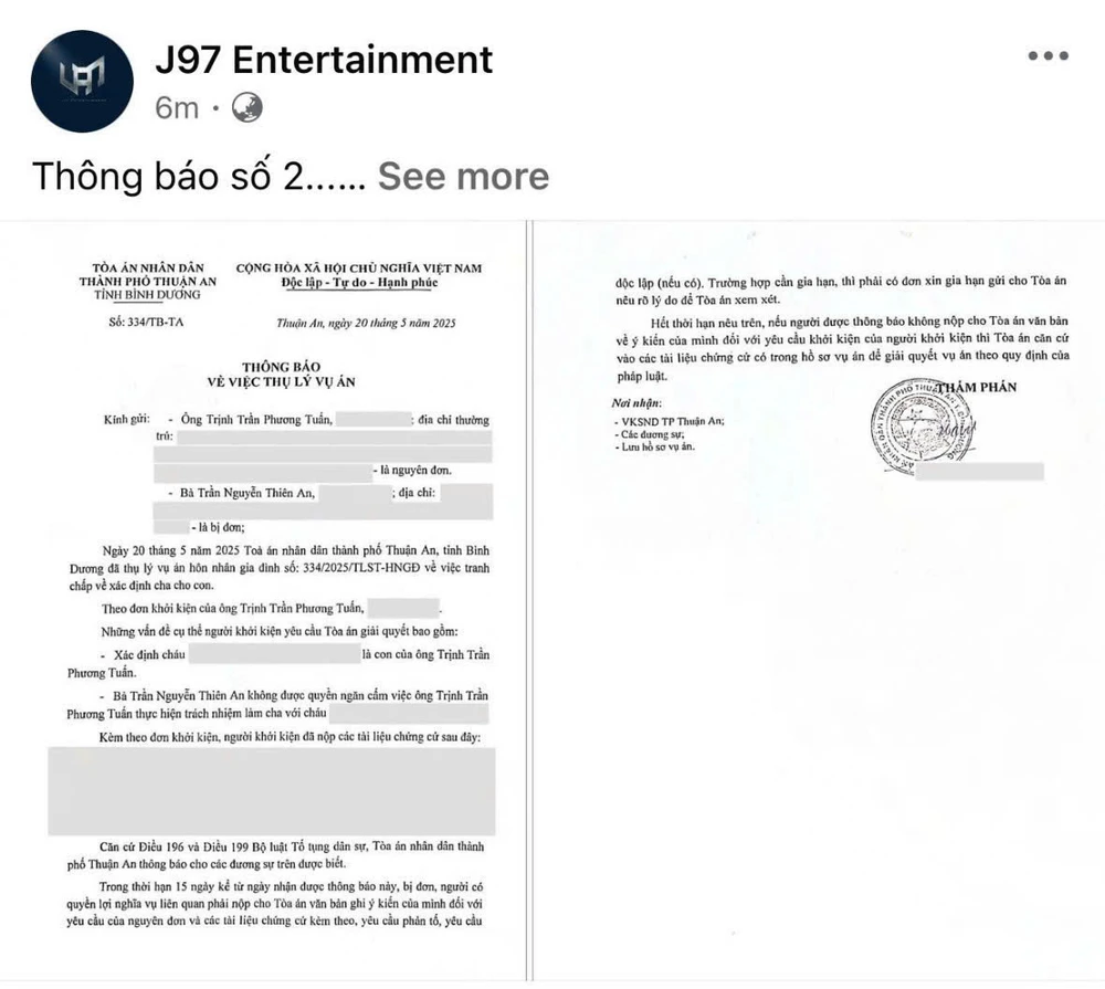 TAND TP Thuận An đã thụ lý đơn yêu cầu xác định cha cho con của ca sĩ Jack - J97