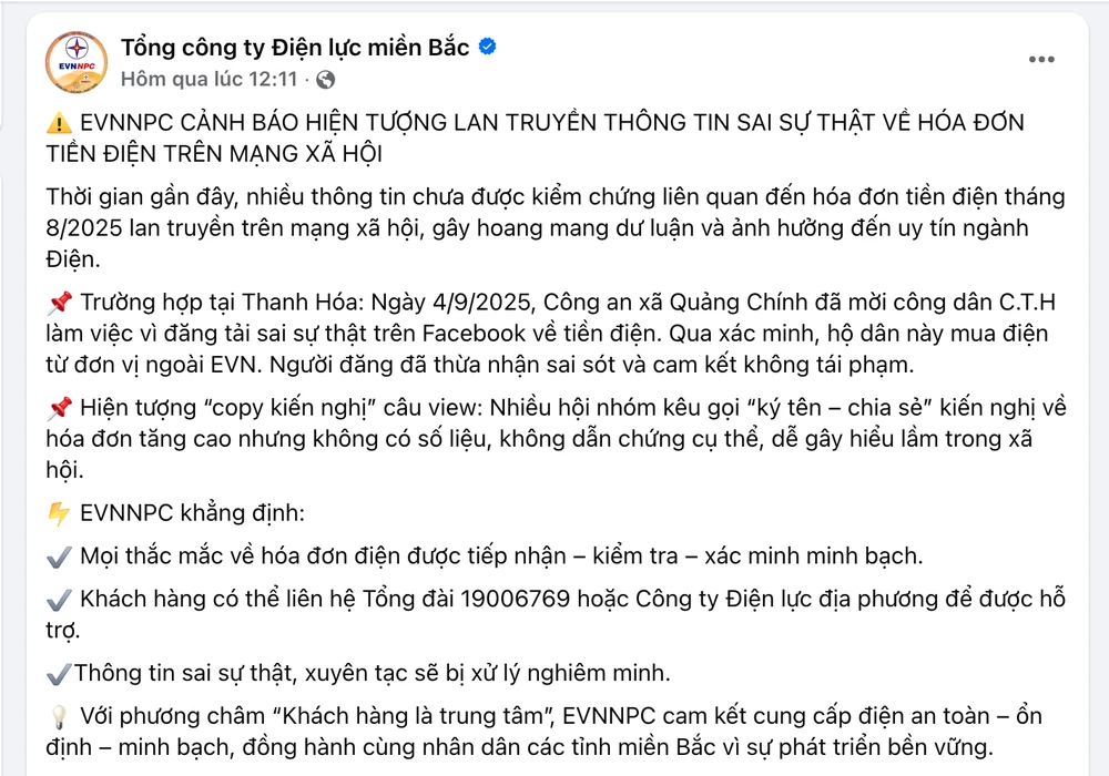 Đăng tin sai sự thật liên quan hóa đơn tiền điện trên mạng xã hội, bị xử lý ra sao?
