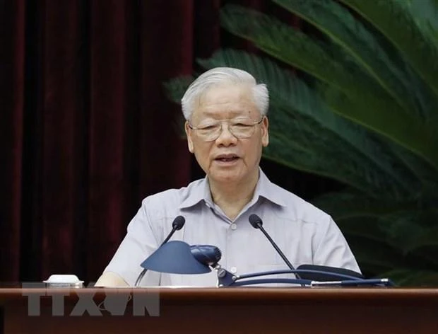 Tổng Bí thư Nguyễn Phú Trọng có bài phát biểu quan trọng tại Hội nghị toàn quốc triển khai Nghị quyết 12 của Bộ Chính trị về xây dựng lực lượng công an thực sự trong sạch, vững mạnh. Ảnh: TTXVN.