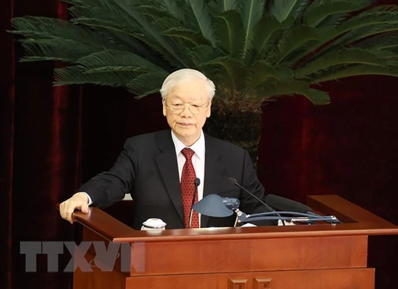 Tổng Bí thư Nguyễn Phú Trọng phát biểu bế mạc hội nghị. Ảnh: TTXVN