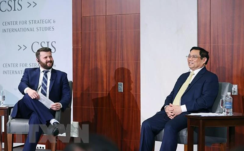 Thủ tướng Phạm Minh Chính đối thoại với các chuyên gia, nhà nghiên cứu và các học giả tại Viện Nghiên cứu Chiến lược quốc tế Hoa Kỳ (CSIS). Ảnh: TTXVN