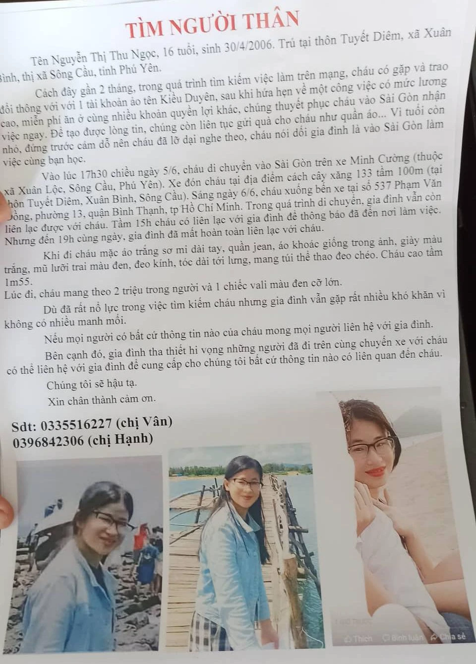 Thông báo tìm thiếu nữ mất tích. Ảnh: NY