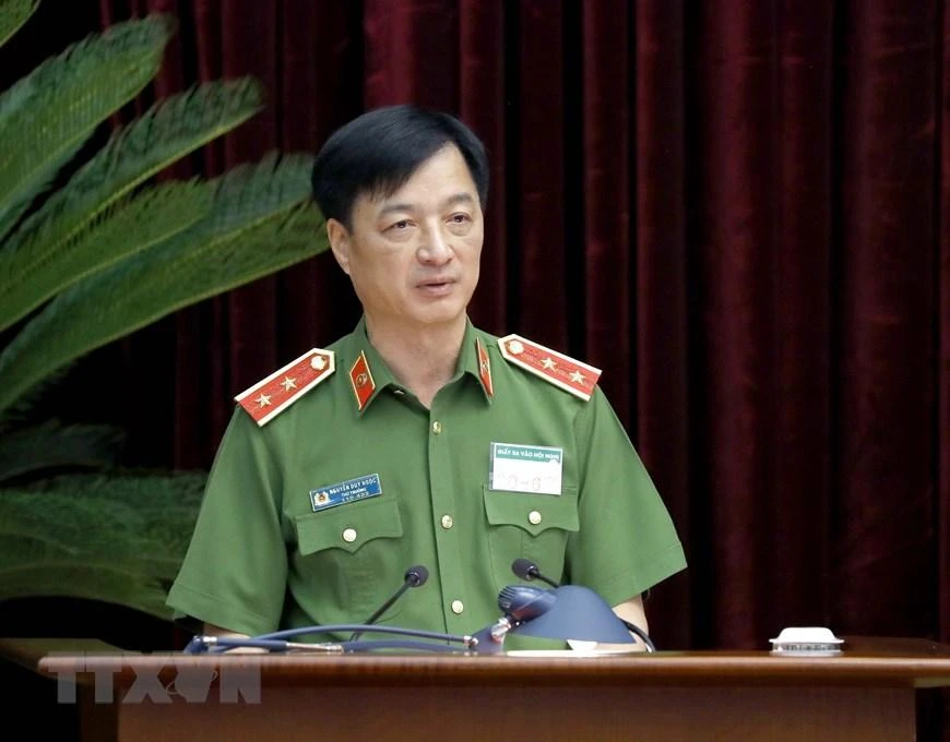 Ông Nguyễn Duy Ngọc, Uỷ viên Trung ương Đảng, Thứ trưởng Bộ Công an tham luận tại hội nghị. Ảnh: TTXVN