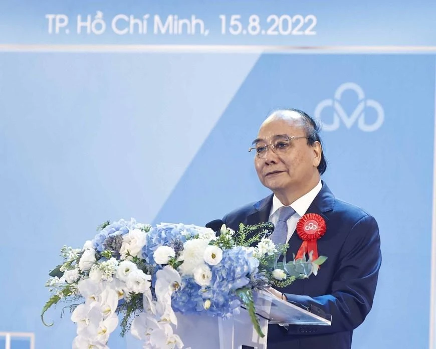 Chủ tịch nước Nguyễn Xuân Phúc phát biểu tại lễ khai trương Trung tâm dữ liệu CMC Tân Thuận. Ảnh: TTXVN