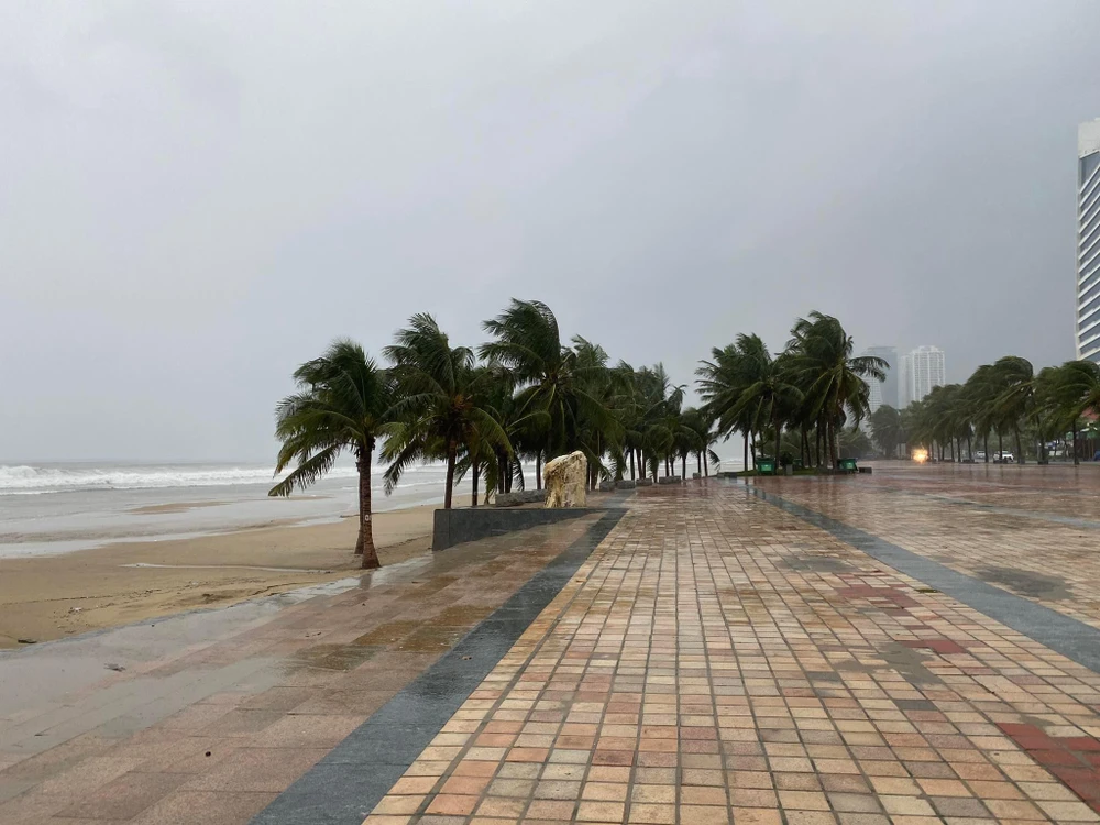 Gió ở biển Mỹ Khê Đà Nẵng đã mạnh lên, quật từng cơn, mưa nặng hạt hơn. Ảnh: HẢI HIẾU