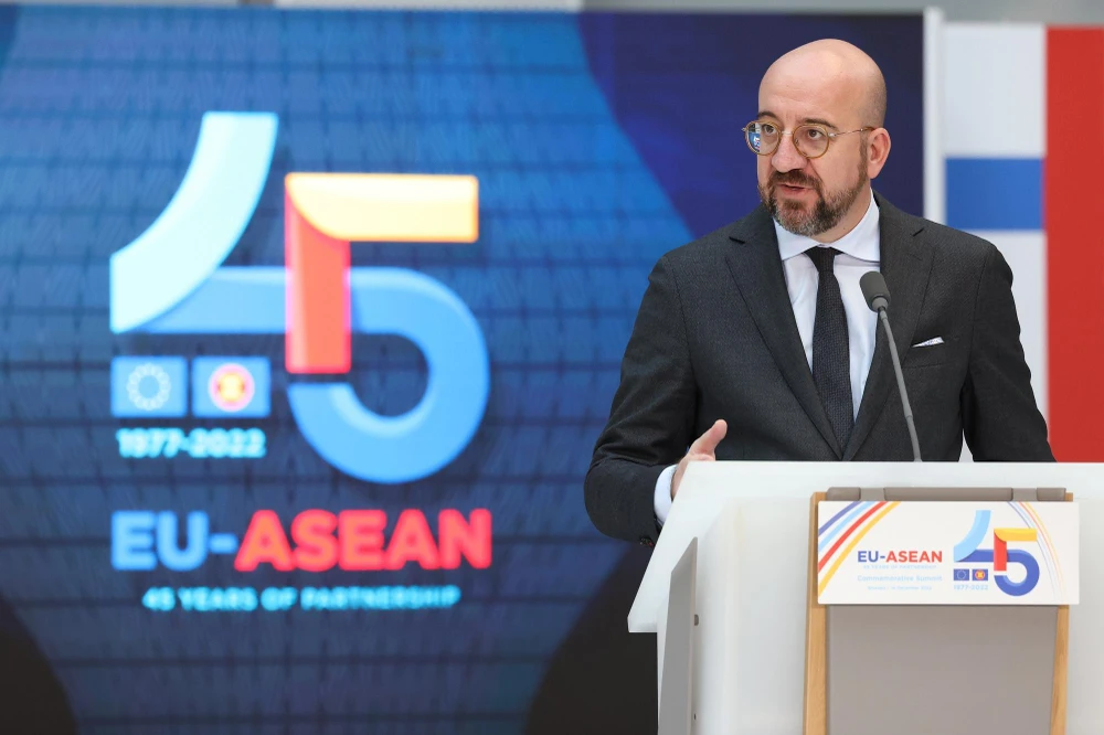 Chủ tịch Hội đồng châu Âu Charles Michel phát biểu tại Hội nghị. Ảnh: VGP