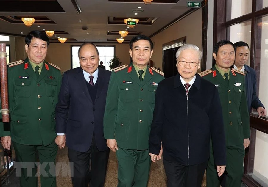 Tổng Bí thư Nguyễn Phú Trọng, Chủ tịch nước Nguyễn Xuân Phúc đến dự hội nghị. Ảnh: TTXVN