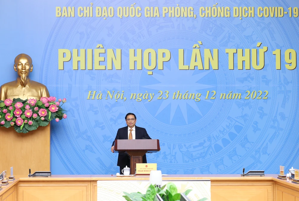 Thủ tướng Phạm Minh Chính, Trưởng Ban Chỉ đạo quốc gia phòng chống dịch COVID-19 chủ trì phiên họp lần thứ 19 của Ban Chỉ đạo. Ảnh: VGP