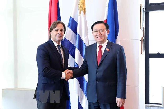 Chủ tịch Quốc hội Vương Đình Huệ hội kiến Tổng thống Luis Lacalle Pou. Ảnh: TTXVN