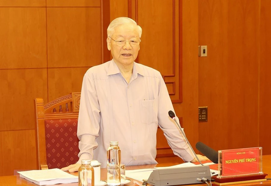 Tổng Bí thư Nguyễn Phú Trọng phát biểu chỉ đạo cuộc họp sáng 10-5. Ảnh: TTXVN