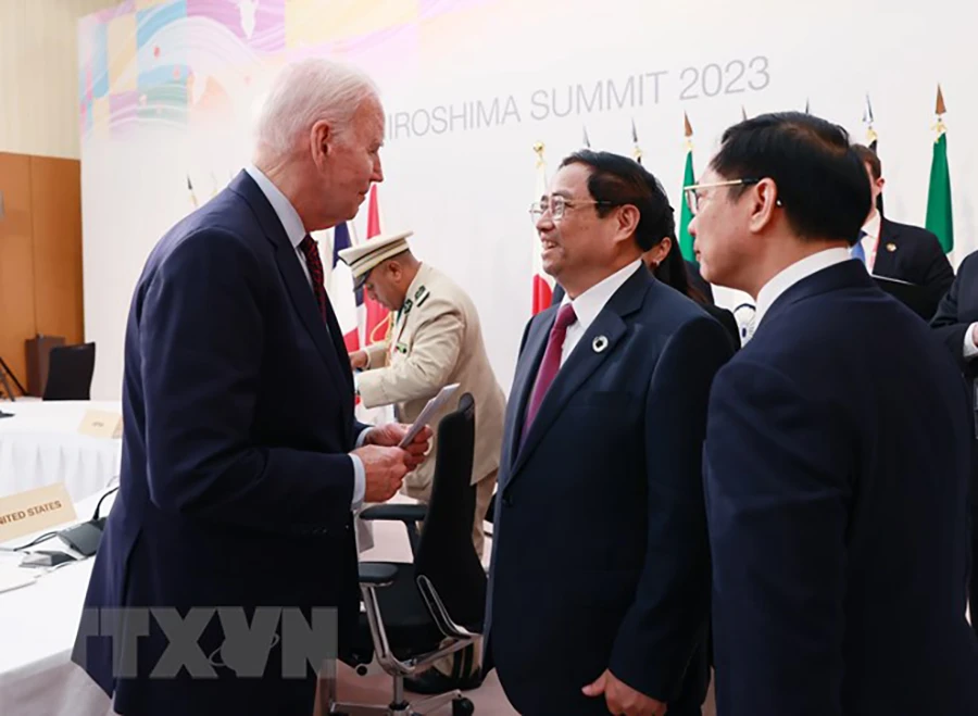 Thủ tướng Phạm Minh Chính và Tổng thống Mỹ Joe Biden tại phiên thảo luận 'Hướng đến một thế giới hòa bình, ổn định và thịnh vượng. Ảnh: TTXVN