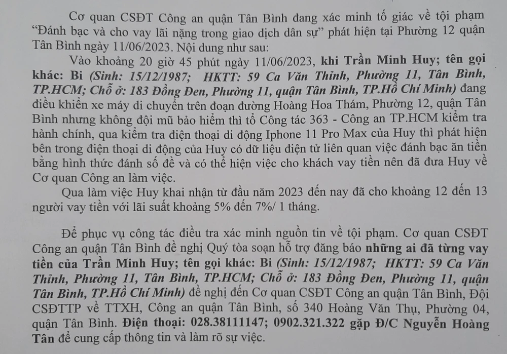 Thông báo của Cơ quan CSĐT Công an quận Tân Bình, TP.HCM.