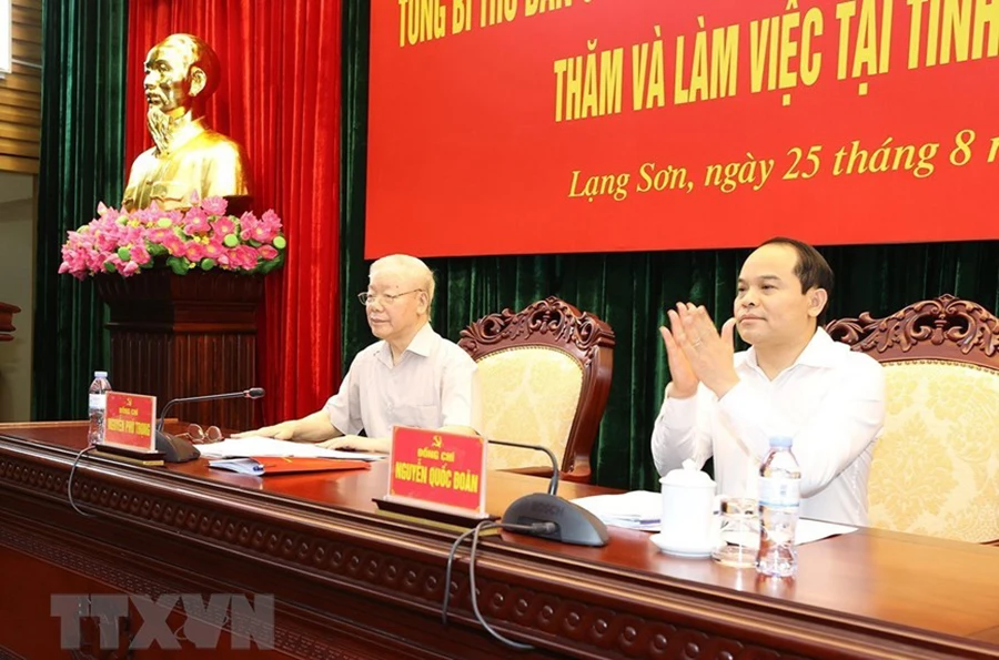 Tổng Bí thư Nguyễn Phú Trọng tại buổi làm việc với cán bộ chủ chốt tỉnh Lạng Sơn. Ảnh: TTXVN