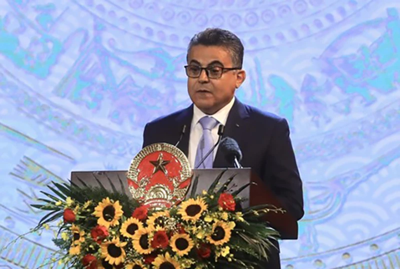 Ông Saadi Salama, Đại sứ Palestine tại Việt Nam, Trưởng đoàn Ngoại giao phát biểu. Ảnh: TTXVN