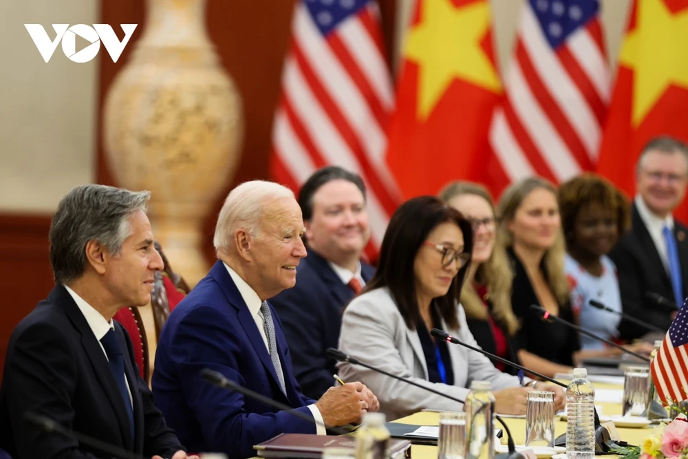 Tổng thống Mỹ Joe Biden và đoàn đại biểu tại cuộc hội đàm. Ảnh: VOV