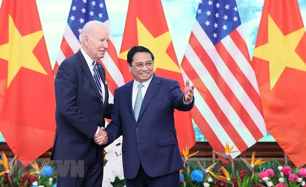 Thủ tướng Phạm Minh Chính đã hội kiến Tổng thống Mỹ Joe Biden nhân chuyến thăm cấp Nhà nước tới Việt Nam. Ảnh: TTXVN