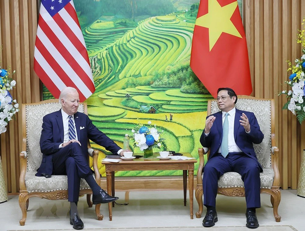 Thủ tướng Phạm Minh Chính cảm ơn Tổng thống Joe Biden đã dành tình cảm rất đặc biệt cho Việt Nam trên các cương vị khác nhau. Ảnh: TTXVN