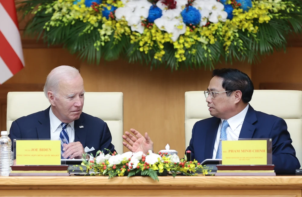 Thủ tướng Phạm Minh Chính và Tổng thống Joe Biden tại Hội nghị cấp cao Việt Nam - Hoa Kỳ về Đầu tư và Đổi mới sáng tạo, sáng 11-9. Ảnh: VGP