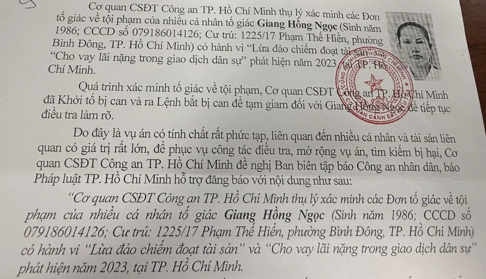 Công an TP.HCM tìm bị hại của Giang Hồng Ngọc