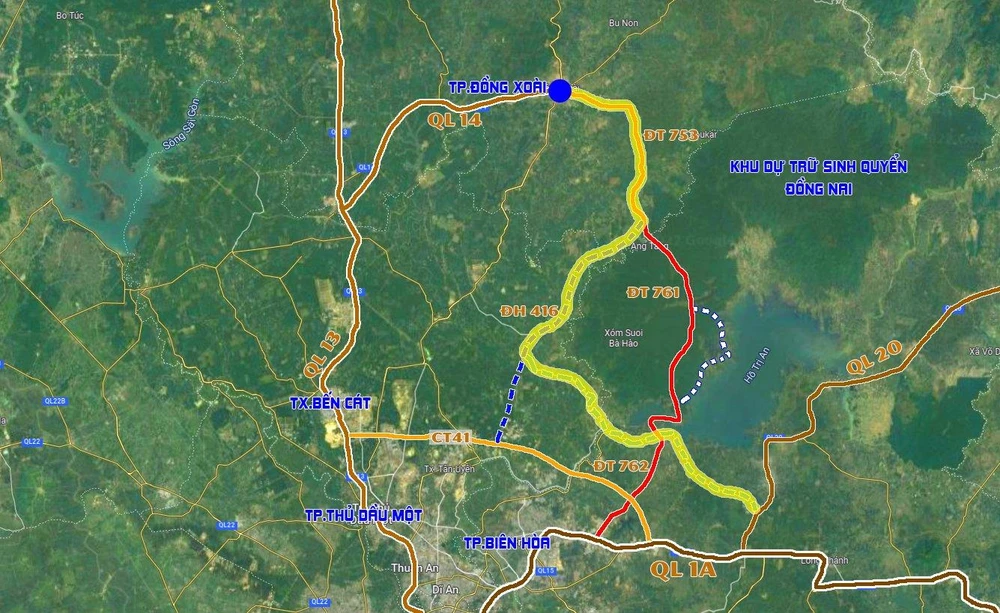 Sơ đồ phương án 3.2, Tuyến đi theo QL56B quy hoạch kết nối vào QL20 (đường màu xanh lá). Đồ hoạ: VÕ NGUYÊN