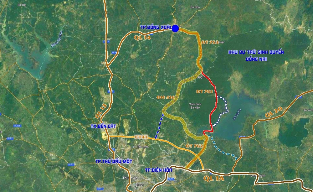 Sơ đồ phương án 3.1, tuyến đi theo ĐT.762 và kết nối vào QL1 (đường màu xanh lá). Đồ hoạ VÕ NGUYÊN