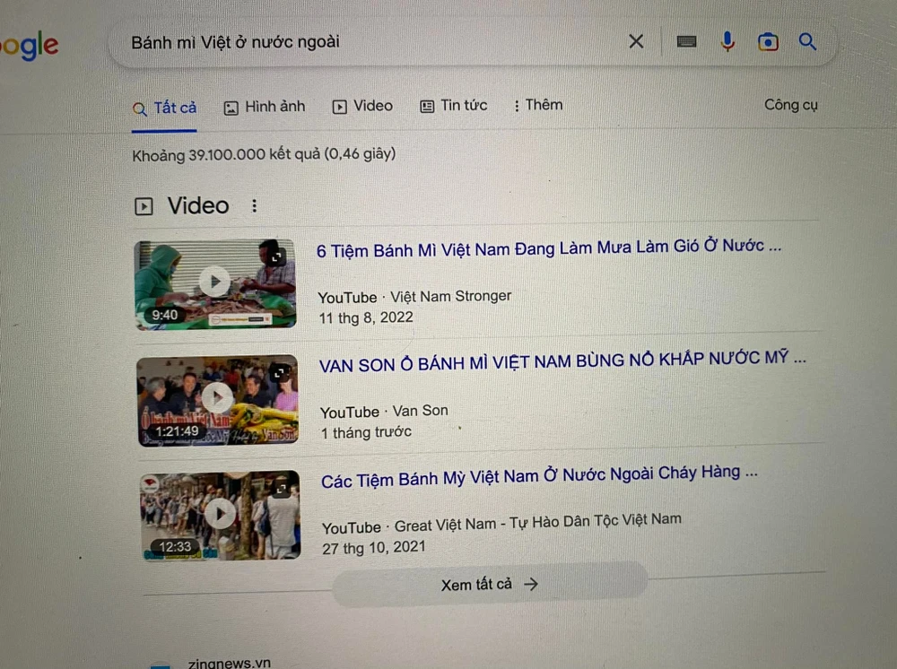 Từ khoá “Bánh mì Việt ở nước ngoài” và ra tới hơn 39 triệu kết quả trong vòng 0,46 giây