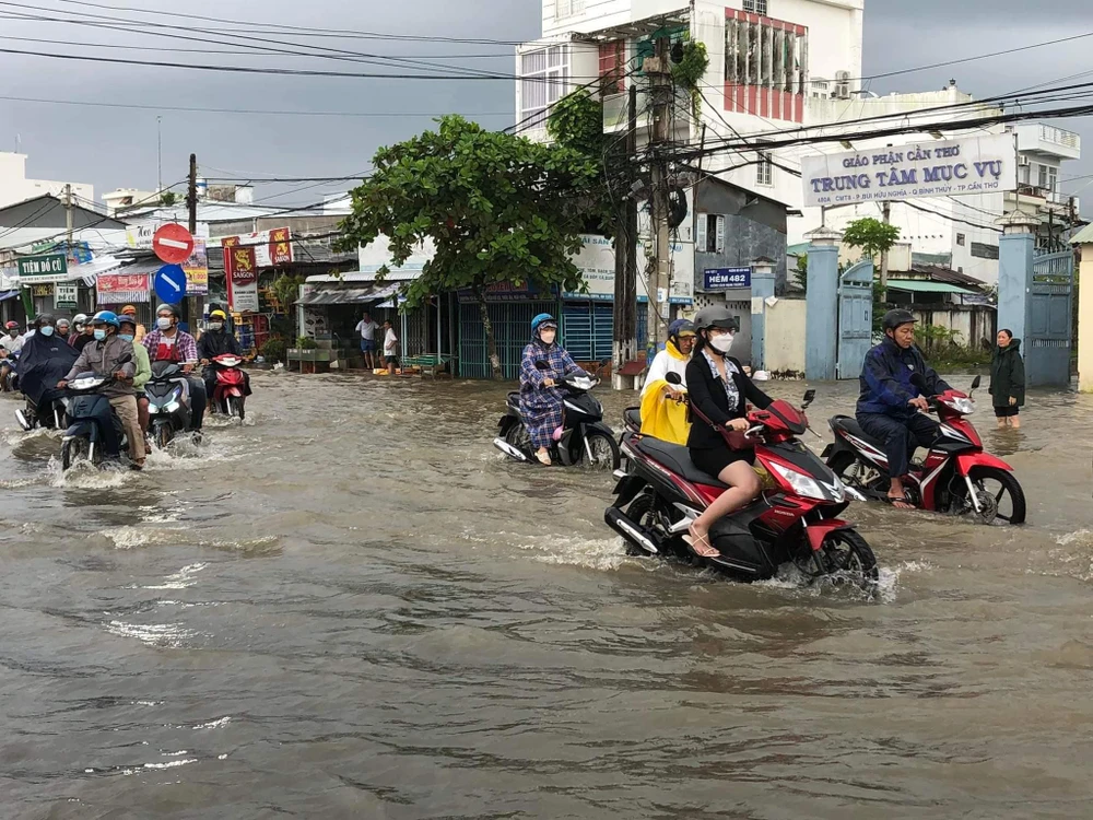 Triều cường gây ngập ở Cần Thơ. Ảnh: THUỲ DUNG