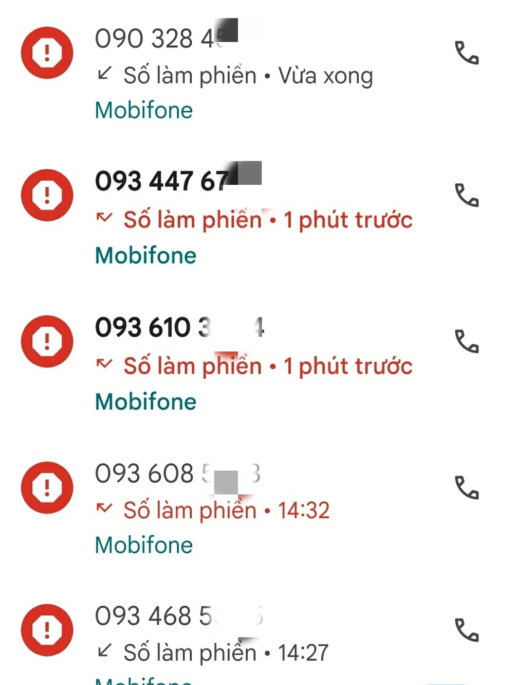 Những cuộc gọi làm phiền mà bạn đọc đã nhận được trong một ngày 9-8. Ảnh: THY NGUYỄN