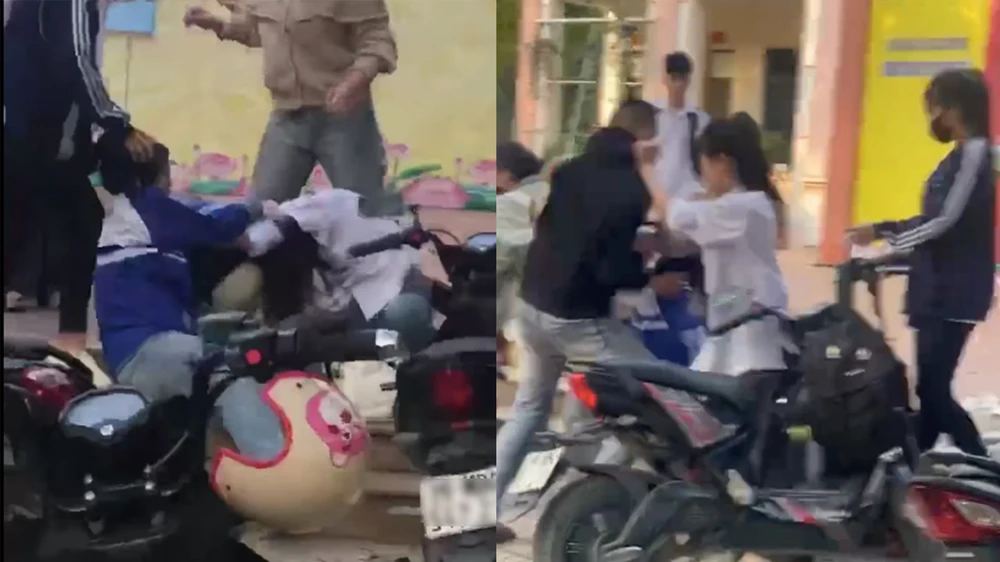 Hai nữ sinh đánh nhau trong sân trường, ra đường gọi người nhà đánh tiếp.jpg