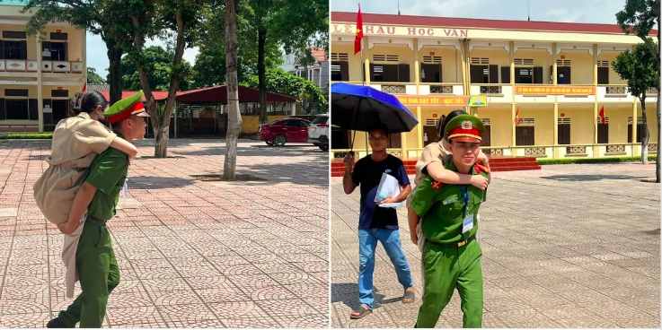 Trung úy công an cõng thí sinh khuyết tật tới phòng thi nhận cơn mưa lời khen.png