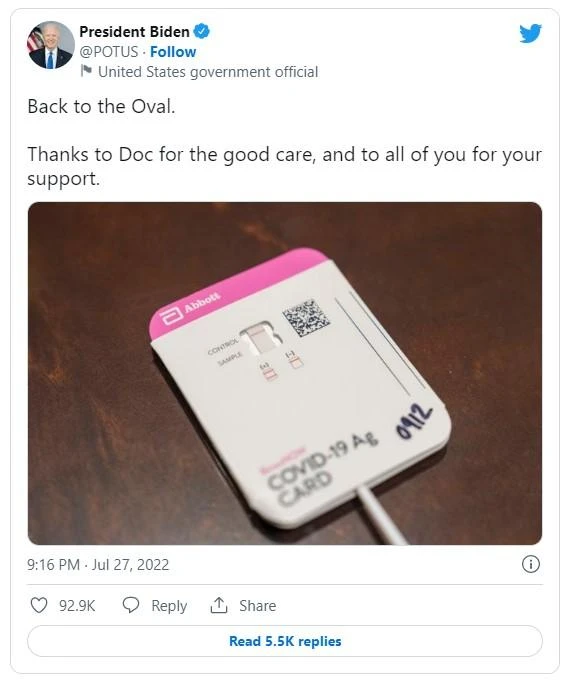 Tổng thống Biden đăng lên Twitter bức ảnh kết quả xét nghiệm âm tính và thông báo sẽ “trở lại Phòng Bầu dục”. Ảnh: TWITTER