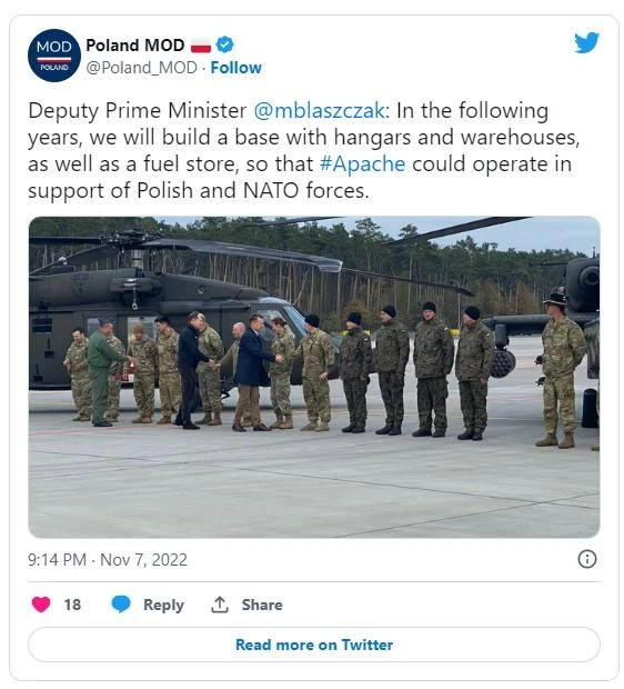 Bộ trưởng Quốc phòng Ba Lan Mariusz Blaszczak cho biết Warsaw sẽ mở rộng căn cứ quân sự của lữ đoàn tác chiến không quân Mỹ nằm ở TP Powidz trong những năm tới. Ảnh: TWITTER Bộ trưởng Quốc phòng Ba Lan Mariusz Blaszczak cho biết Warsaw sẽ mở rộng căn cứ quân sự của lữ đoàn tác chiến không quân Mỹ nằm ở TP Powidz trong những năm tới. Ảnh: TWITTER