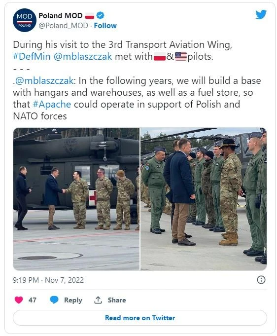 Bộ trưởng Quốc phòng Ba Lan cho biết cơ sở mới sẽ có các nhà chứa máy bay và nhà kho mới cũng như một cơ sở lưu trữ nhiên liệu số lượng lớn gần đó. Ảnh: TWITTER Bộ trưởng Quốc phòng Ba Lan cho biết cơ sở mới sẽ có các nhà chứa máy bay và nhà kho mới cũng như một cơ sở lưu trữ nhiên liệu số lượng lớn gần đó. Ảnh: TWITTER