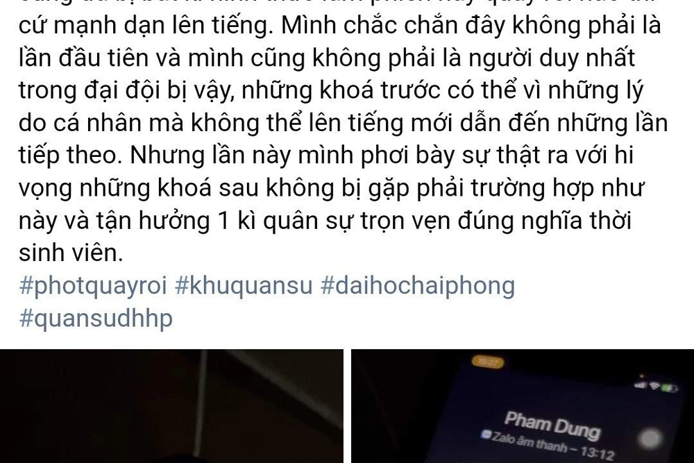 Bài viết tố cáo nam giảng viên Trung tâm Giáo dục quốc phòng, an ninh của Đại học Hải Phòng quấy rối tình dục trên mạng xã hội. Ảnh chụp màn hình.