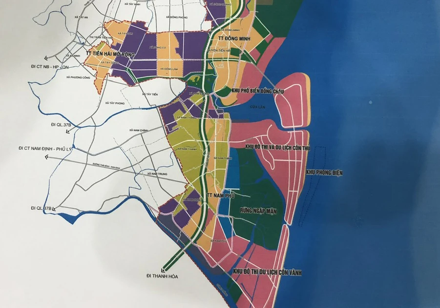 Khu vực màu xanh lá cây (rừng ngập mặn) là khu vực rừng đặc dụng được xác định theo Quyết định 731 mới nhất của tỉnh Thái Bình