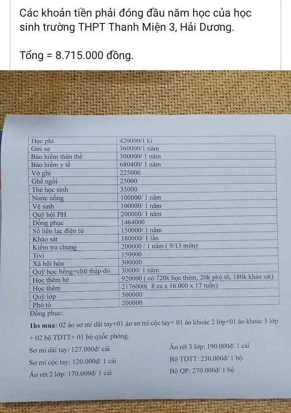 Nội dung các khoản thu gây bức xúc dư luận tỉnh Hải Dương được chia sẻ trên mạng xã hội. Ảnh: Chụp màn hình