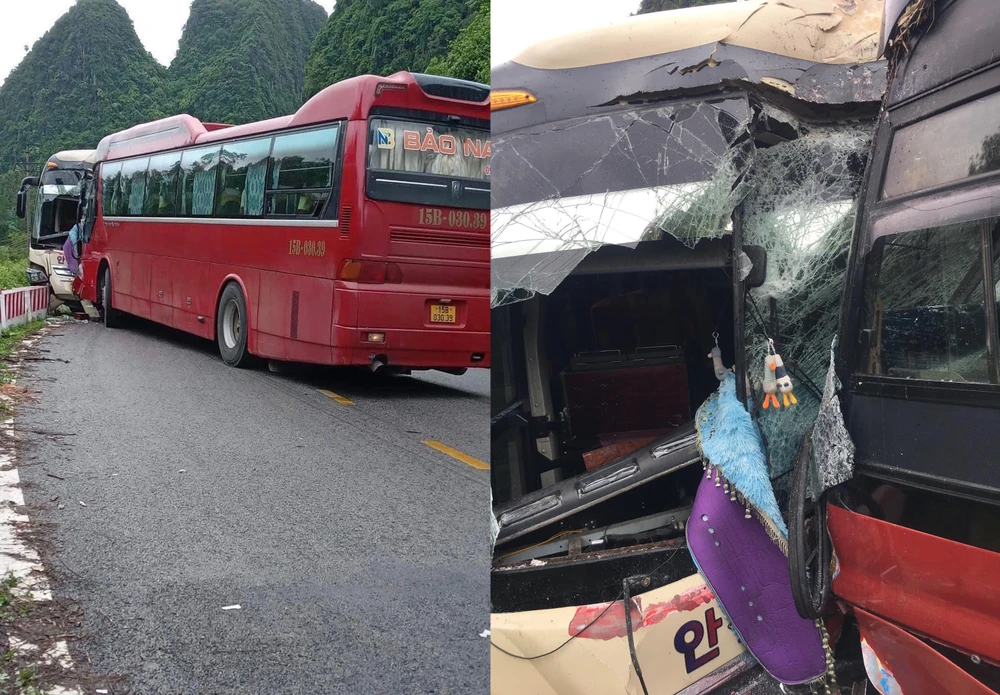 Hiện trường vụ tai nạn giao thông nghiêm trọng trên đảo Cát Bà khiến một lái xe tử vong, nhiều người khác bị thương. Ảnh: CTV